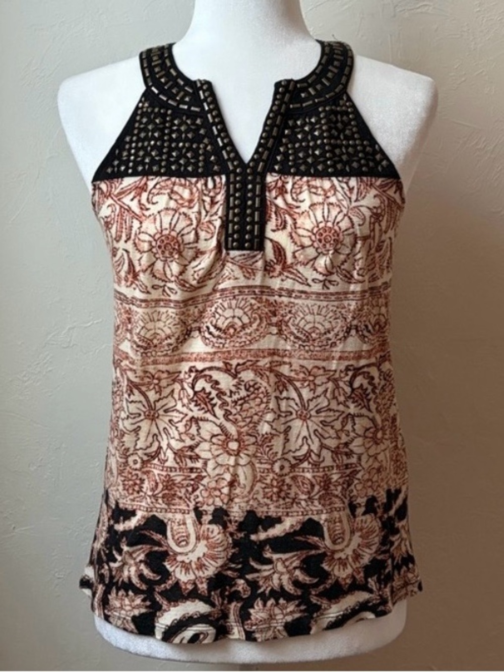 Lucky Brand Studded Boho Print Halter Tank Cream Brown XS